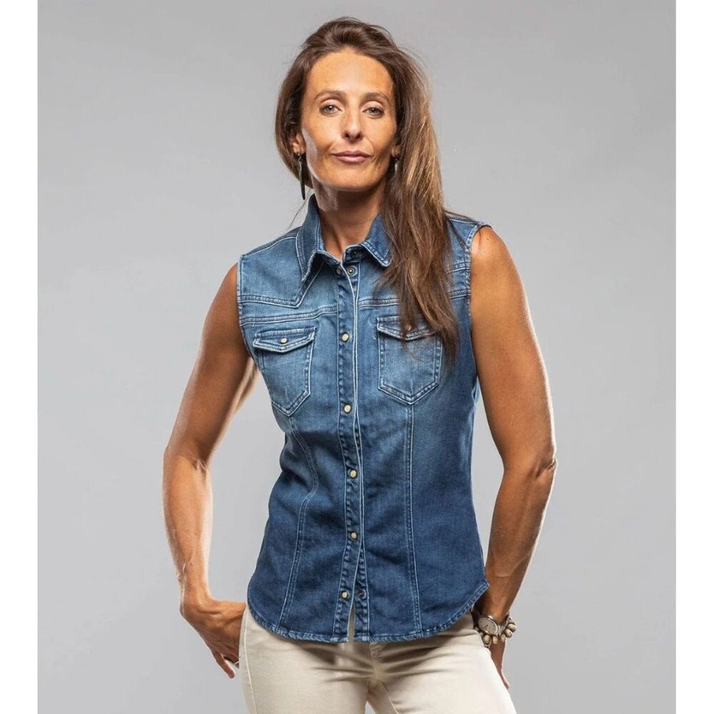 Arizona Jean Co. Sleeveless Denim Shirt Vest Women inclusive snap buttons Sz Sm